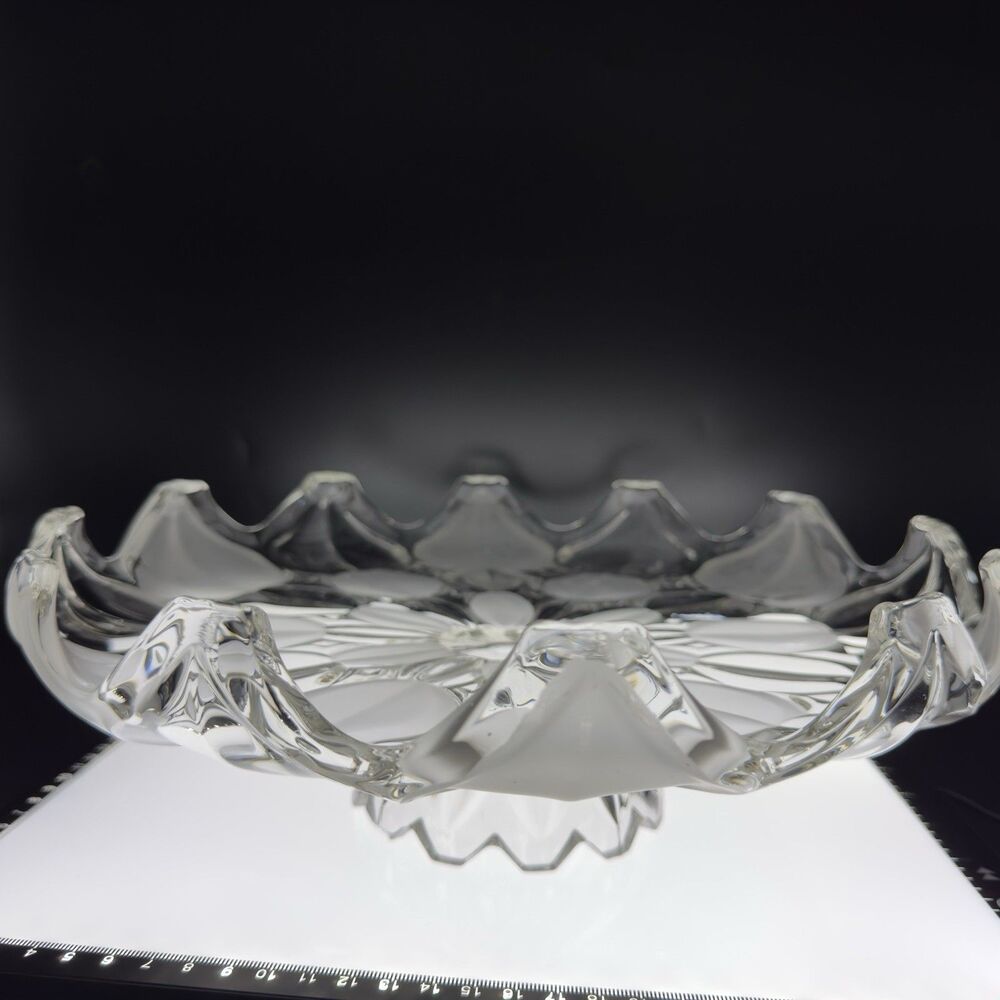 Vintage Bohemian Czech Crystal Cake Stand Frosted Clear Petal Pedestal Plate 12"
